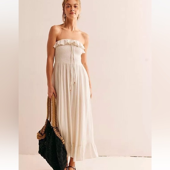NWOT Free People Lush Life Linen Strapless Midi Dress Smocked Ivory S - Picture 2 of 7